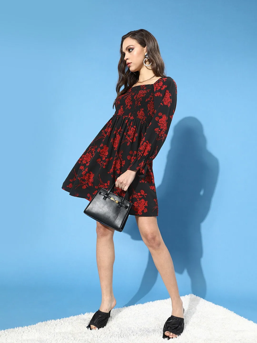 Berrylush Women Black & Red Floral Printed Crepe A-Line Midi Dress