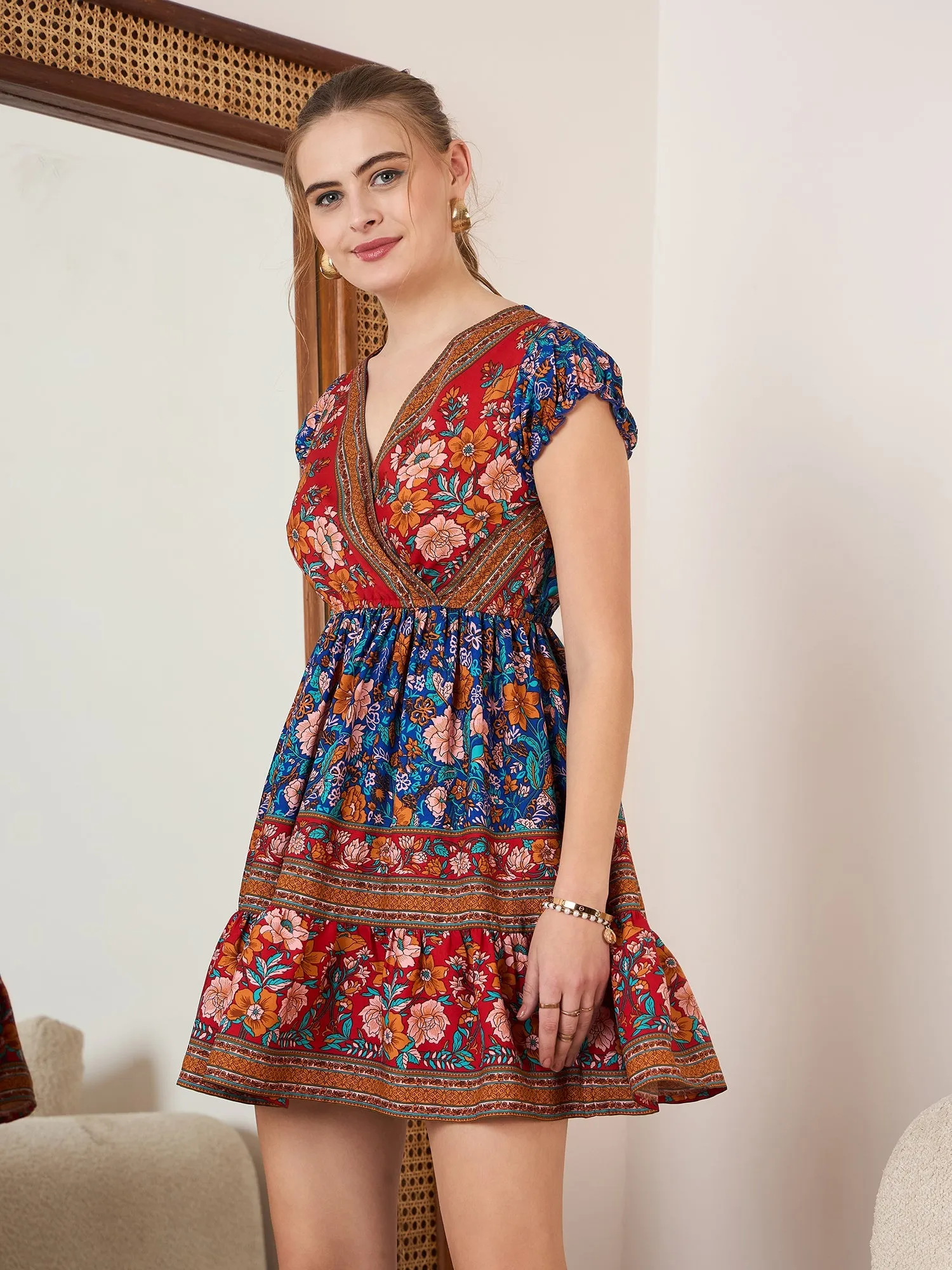 Berrylush Women Blue & Red Floral Printed Fit & Flare Mini Dress