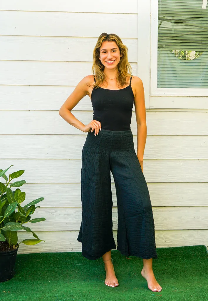 Black Double Gauze Wide Legs Palazzo Pants