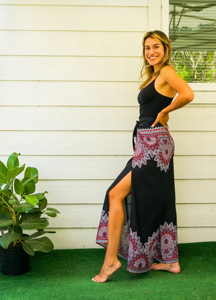 Black Floral Mandala Palazzo Wrap Pants