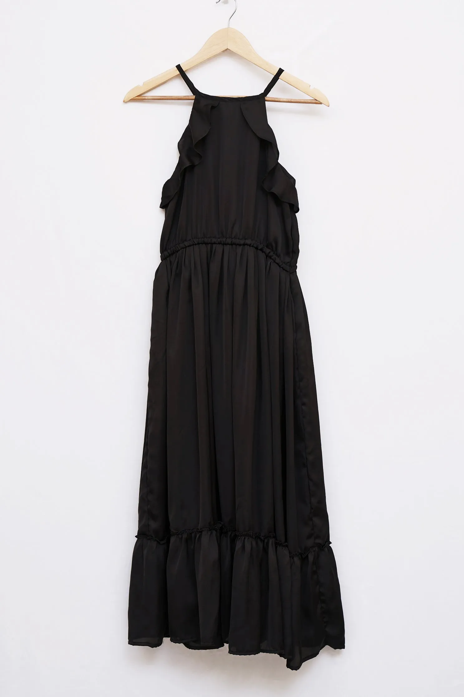 Black Halter Ruffle Neck Teired Midi Dress