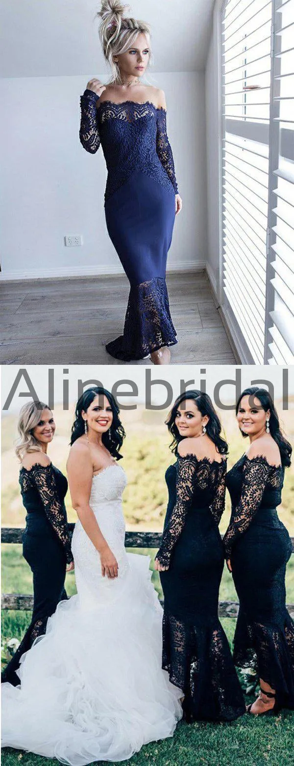 Black Lace Off Shoulder High Low Mermaid Bridesmaid Dresses, AB4038