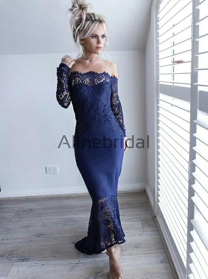 Black Lace Off Shoulder High Low Mermaid Bridesmaid Dresses, AB4038