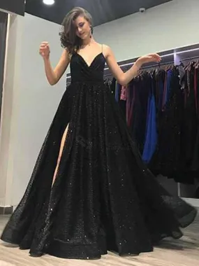 Black Spaghetti Strap Side Slit A-line Long Prom Dresses Online, TYP1450