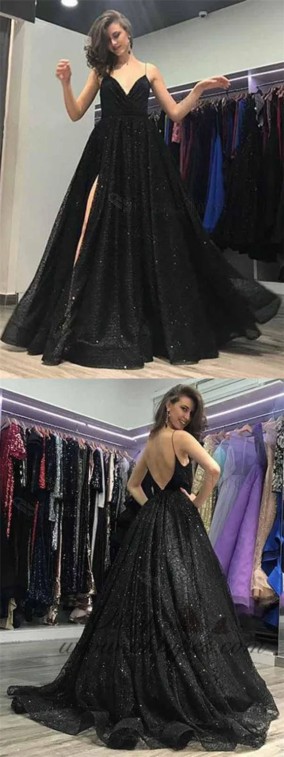 Black Spaghetti Strap Side Slit A-line Long Prom Dresses Online, TYP1450