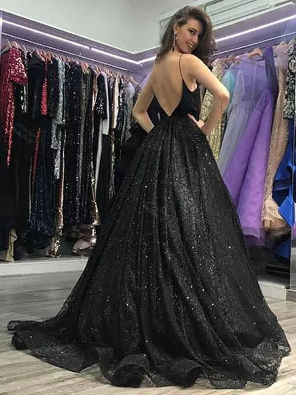 Black Spaghetti Strap Side Slit A-line Long Prom Dresses Online, TYP1450