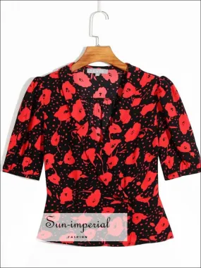 Black with Red Floral Print Vintage Short Sleeve Women Wrap Tie side Blouse