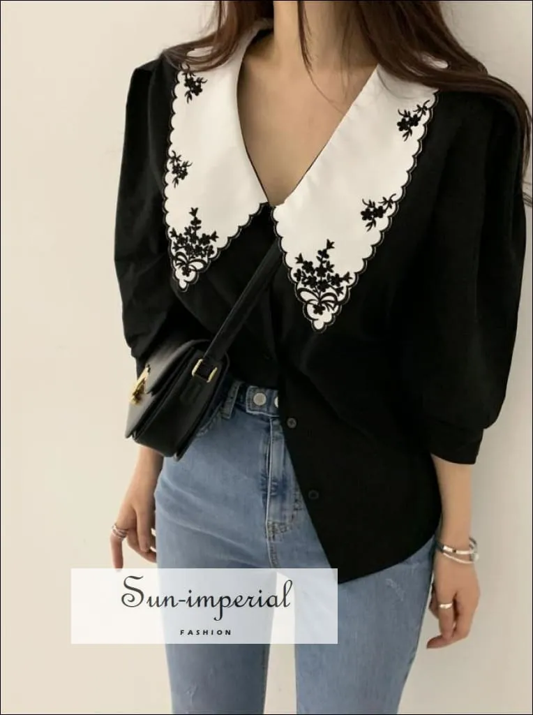 Black Women Buttoned Blouse with Red Embroidery Flower Printed Lapel Collar Single Pocket Retro 3/4