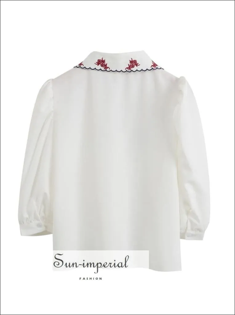 Black Women Buttoned Blouse with Red Embroidery Flower Printed Lapel Collar Single Pocket Retro 3/4