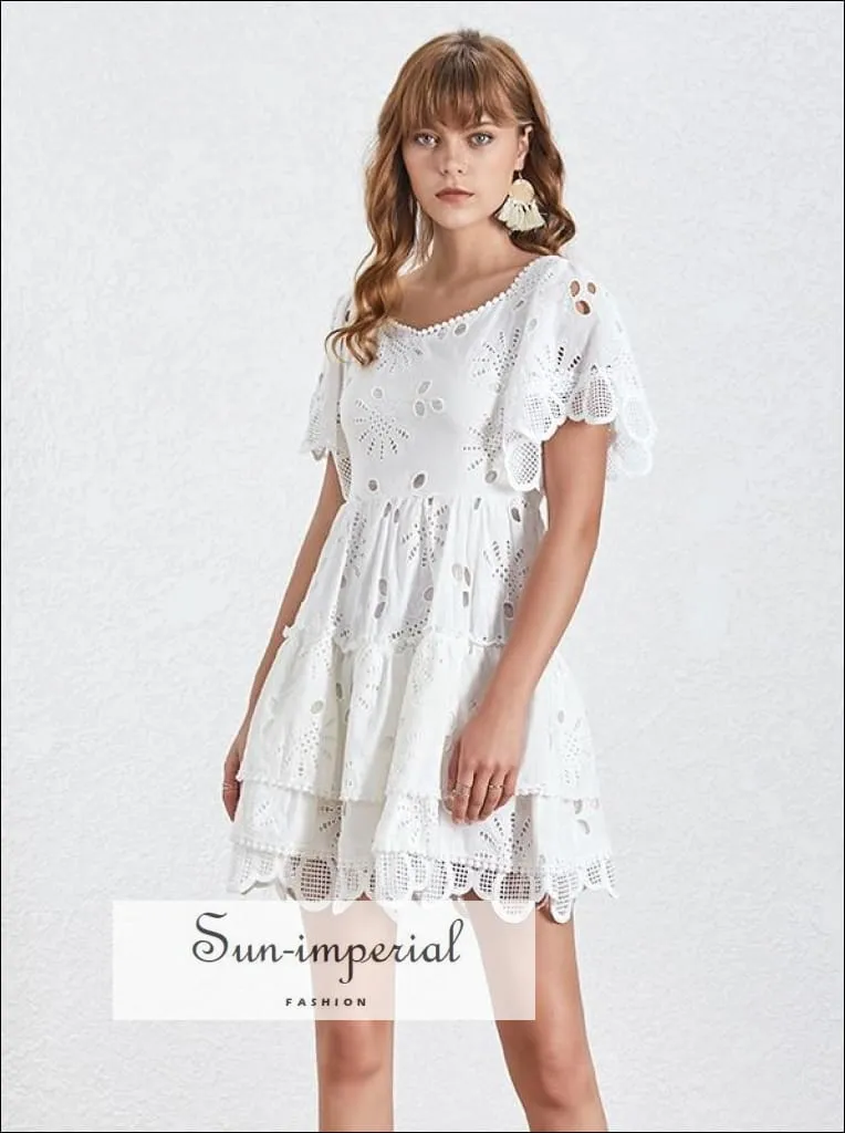 Blake Dress- Solid Lace Casual a Line Women Dress Square Collar Short Sleeve Ruffle Dress