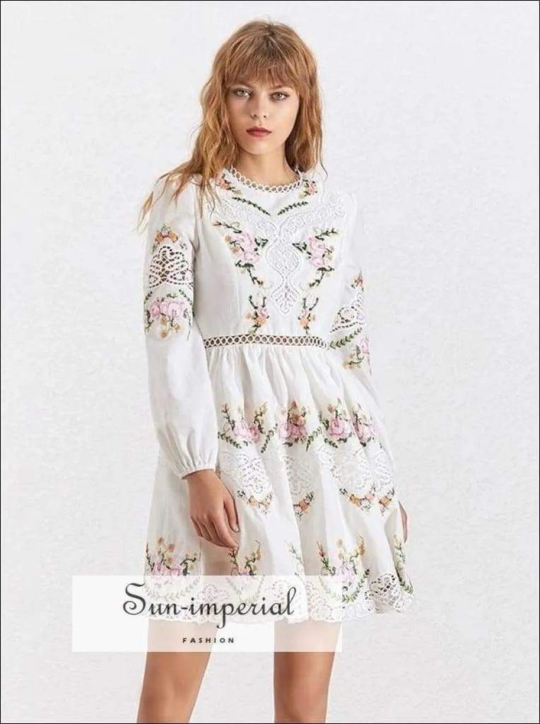 Boulder Dress - Elegant Embroidery Women Dress Stand Collar Long Sleeve High Waist Lace Slim