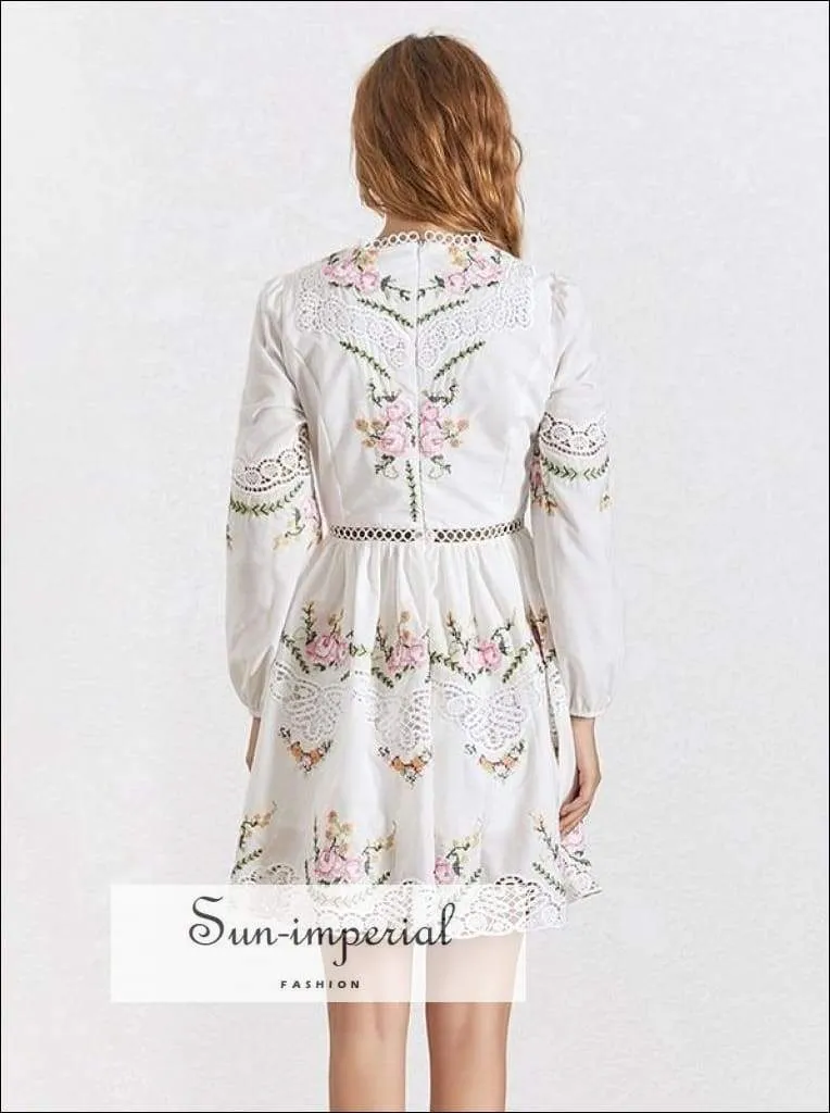 Boulder Dress - Elegant Embroidery Women Dress Stand Collar Long Sleeve High Waist Lace Slim