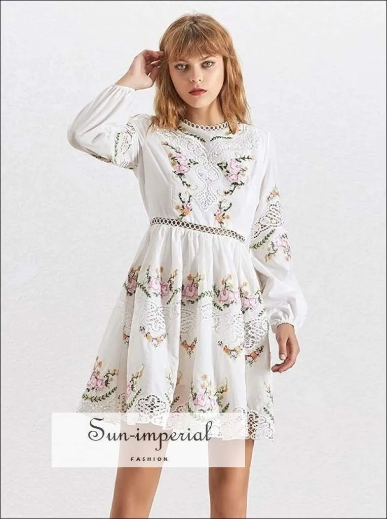 Boulder Dress - Elegant Embroidery Women Dress Stand Collar Long Sleeve High Waist Lace Slim