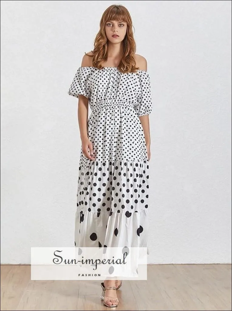 Brooke Dress- Summer Polka Dot Dress for Women Slash Neck Puff Sleeve High Waist Maxi Dress