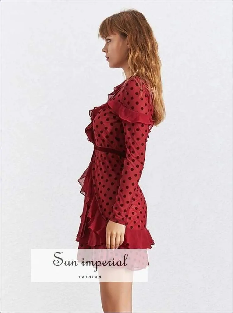 Bug Dress- Polka Dot Dress V Neck Long Sleeve High Waist Ruffles Sheer Mini Party Dresses