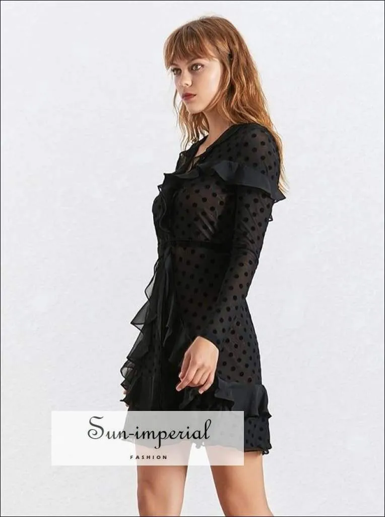 Bug Dress- Polka Dot Dress V Neck Long Sleeve High Waist Ruffles Sheer Mini Party Dresses