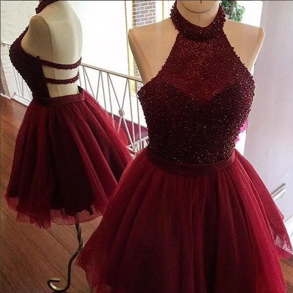 burgundy prom dresses short 2020 beaded high neck cheap homecoming dresses vested de graduation