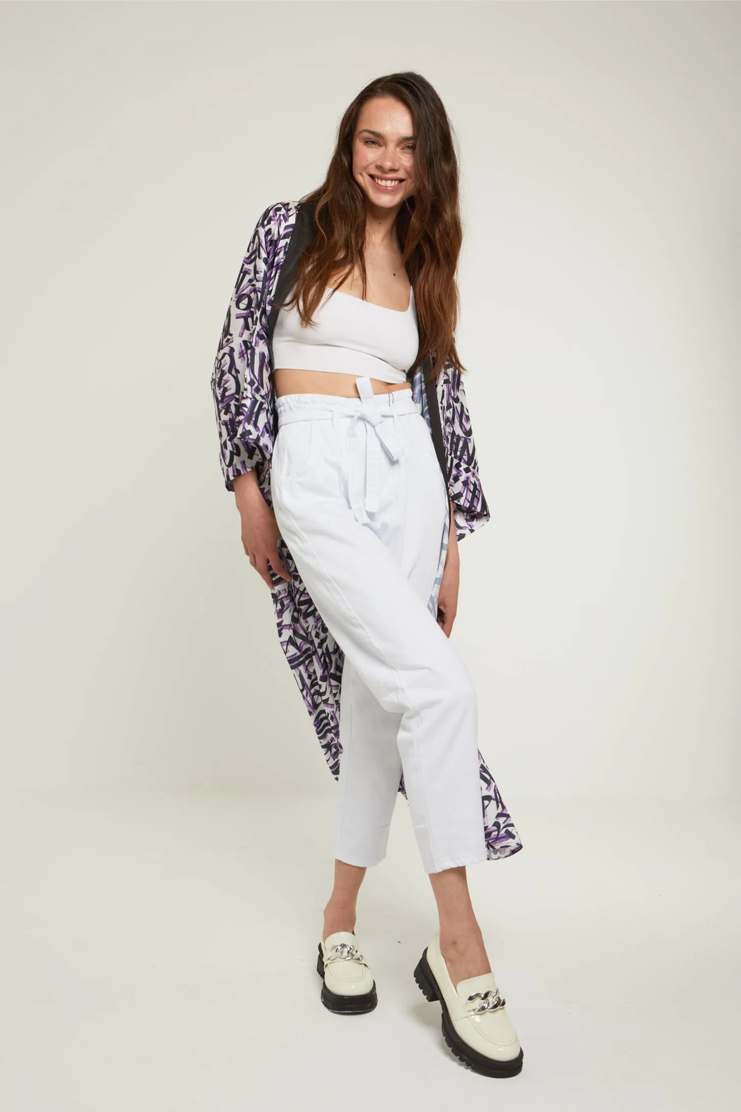 CALLIGRAPHY DREAM SATIN KIMONO - WHITE