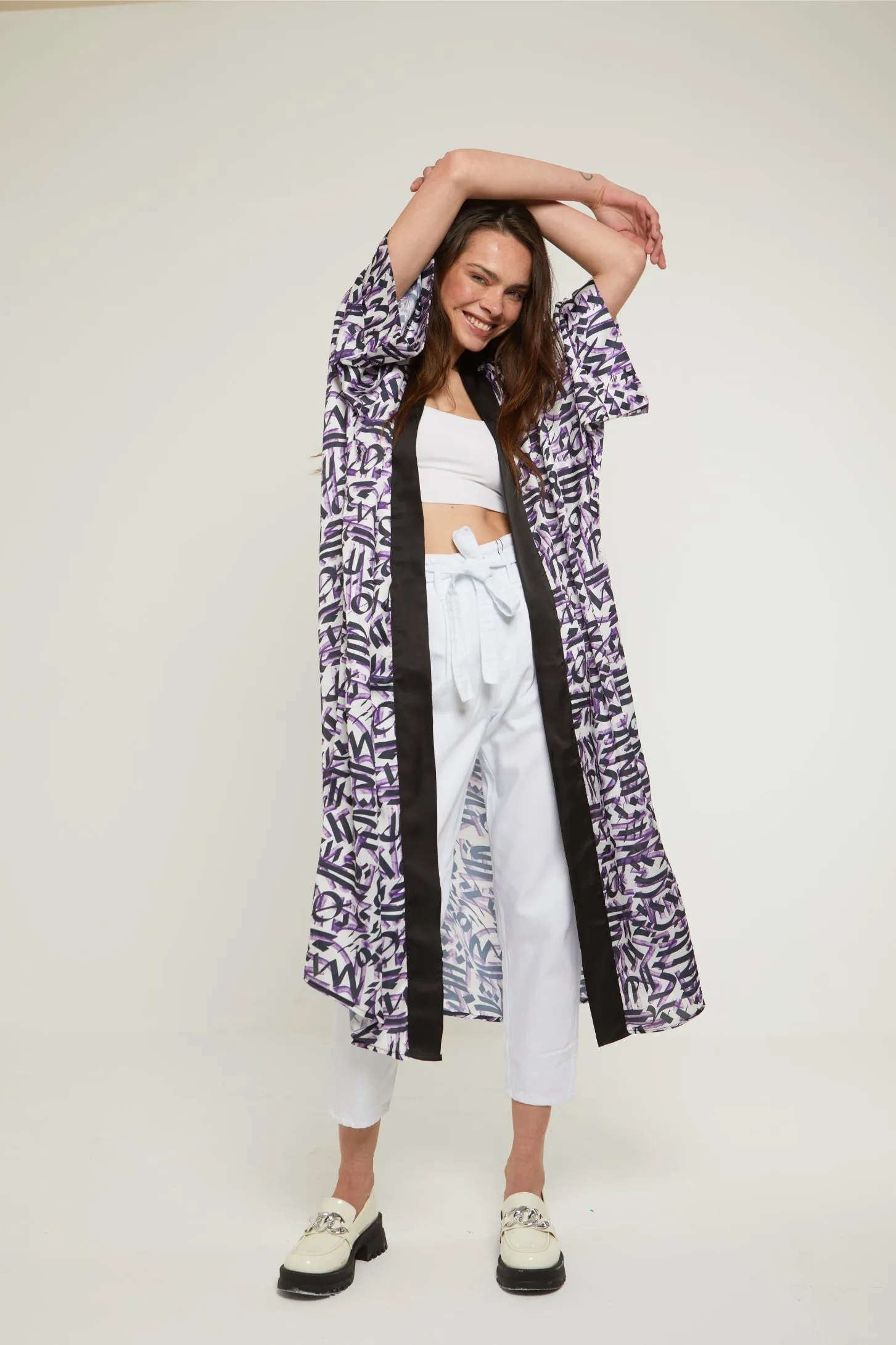 CALLIGRAPHY DREAM SATIN KIMONO - WHITE