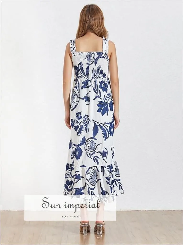 Carter Dress- Summer Korean Print Ankle-length Women Dress Square Collar off Shoulder Slim a Line