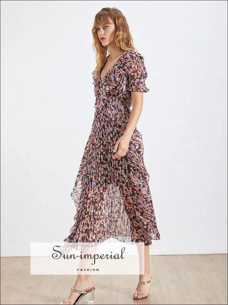 Celine Dress- Vintage Print Women's Dress V Neck Short Sleeve Backless High Waist Ruffles Midi Dress