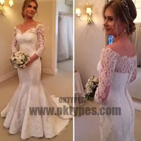 Charming Off Shoulder Long Sleeve Mermaid White Satin Lace Wedding Dresses, TYP0516