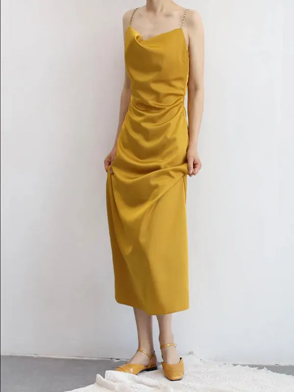 Charming Turmeric Soft Satin Spaghetti Straps Long Homecoming Dresses, HDS0069