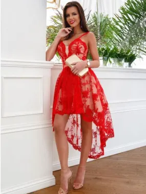 Charming V-neck Red Lace A-line Cheap Short Homecoming Dresses, HDS0027