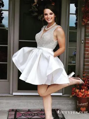 Charming V Neck White Short Cheap Homecoming Dresses With Heavy Beaded, TYP1969