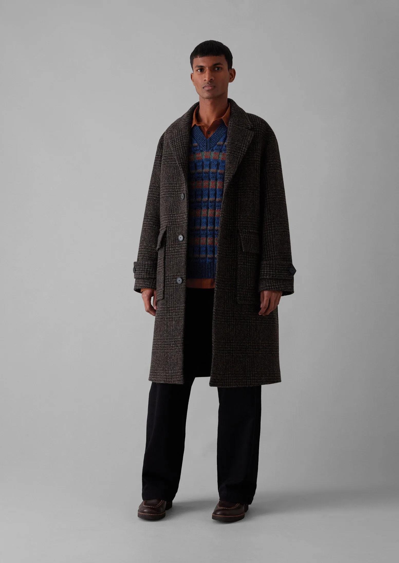 Check Wool Overcoat | Brown Marl