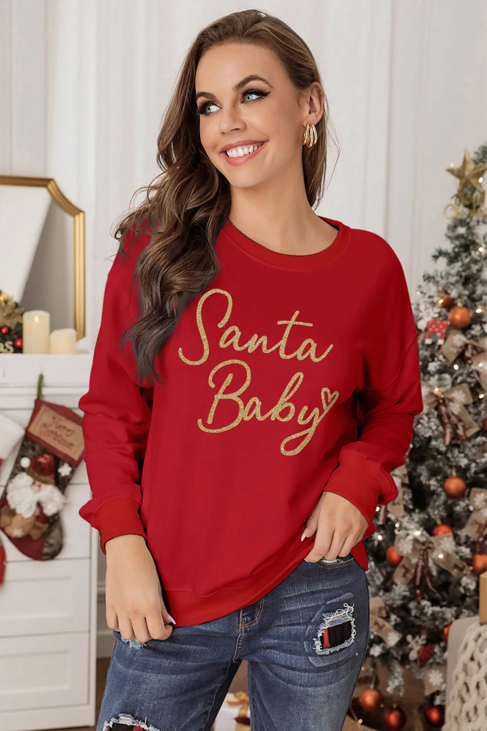 Christmas Sweatshirt Women Red Santa Baby Glitter Funny Pullover Top