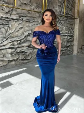 Classy Blue Sequins Sweetheart Off-the-shoulder Floor-length Column Prom Dresses,PDS0313