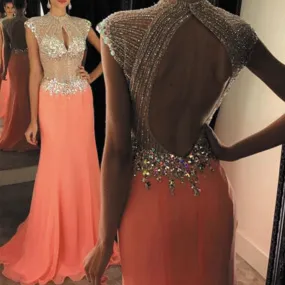 coral prom dresses long luxury crystals beaded mermaid elegant cap sleeve prom gown formal dress