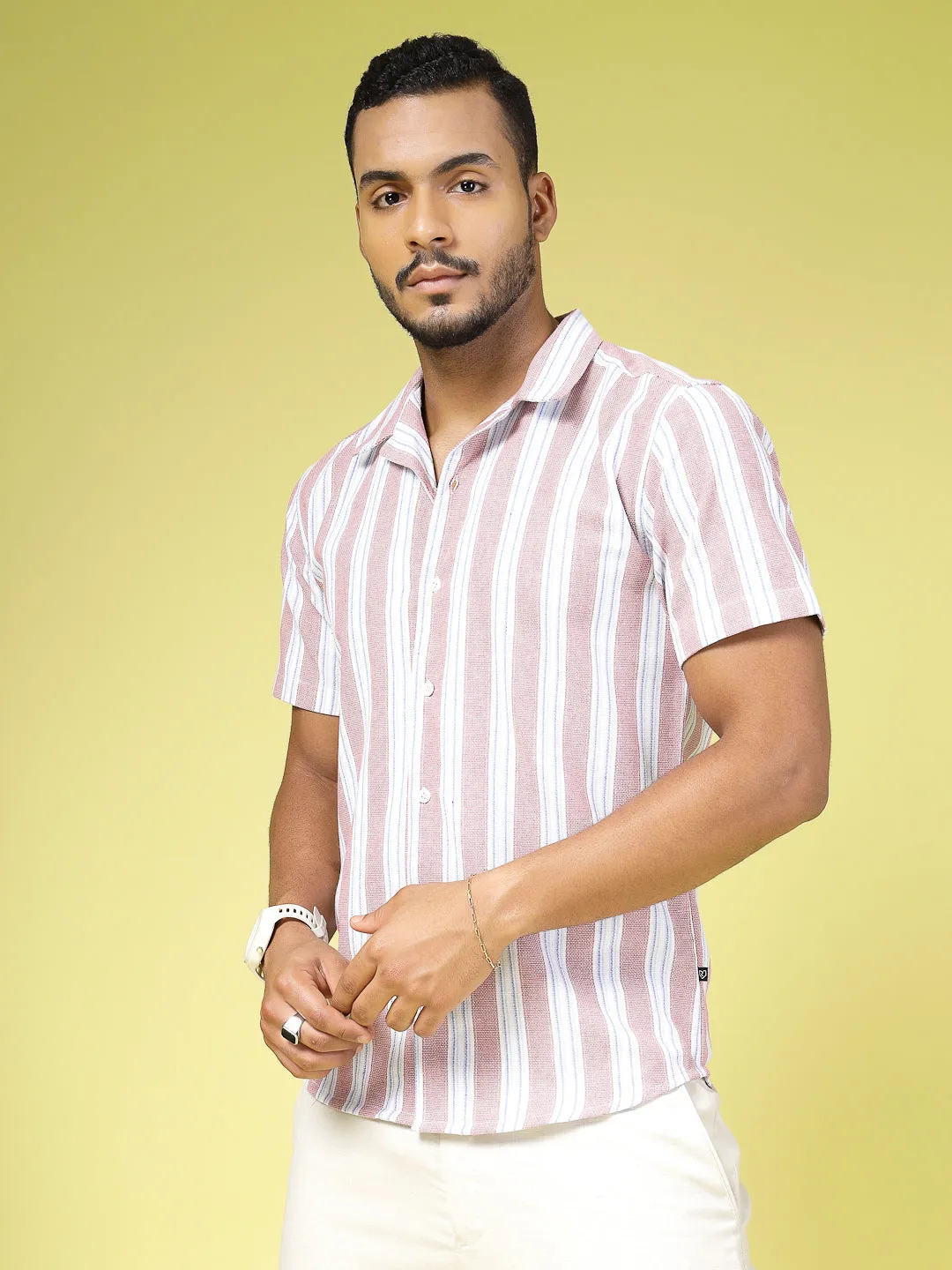 Cotton Striped Cuban Collar Shirt