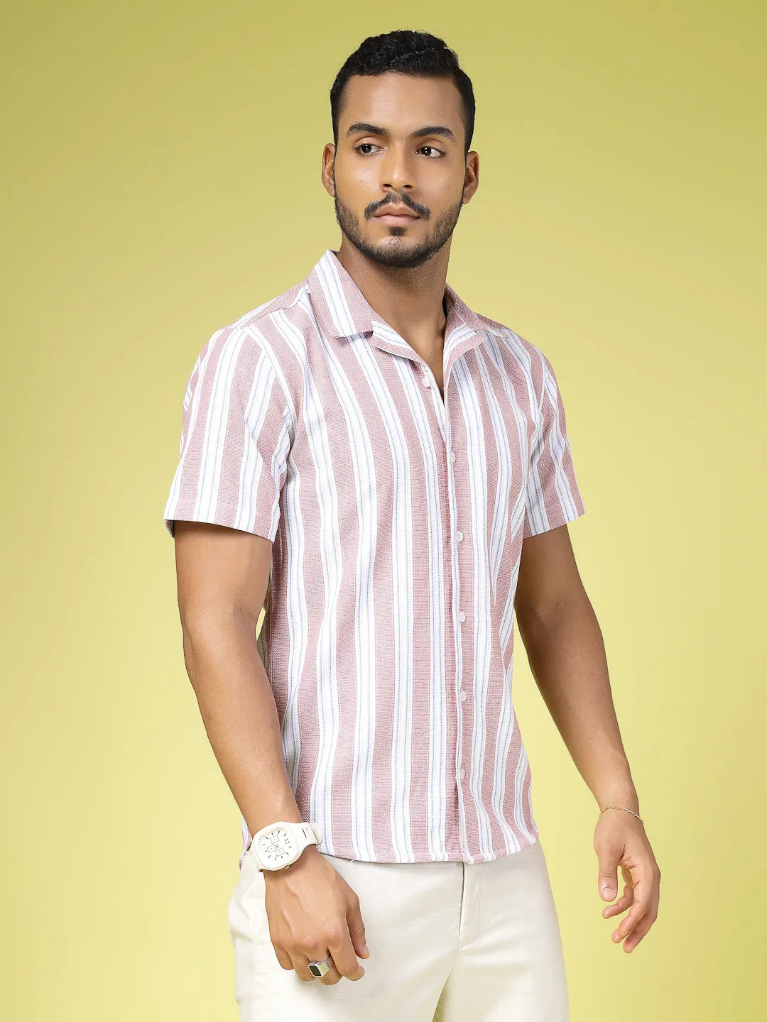 Cotton Striped Cuban Collar Shirt