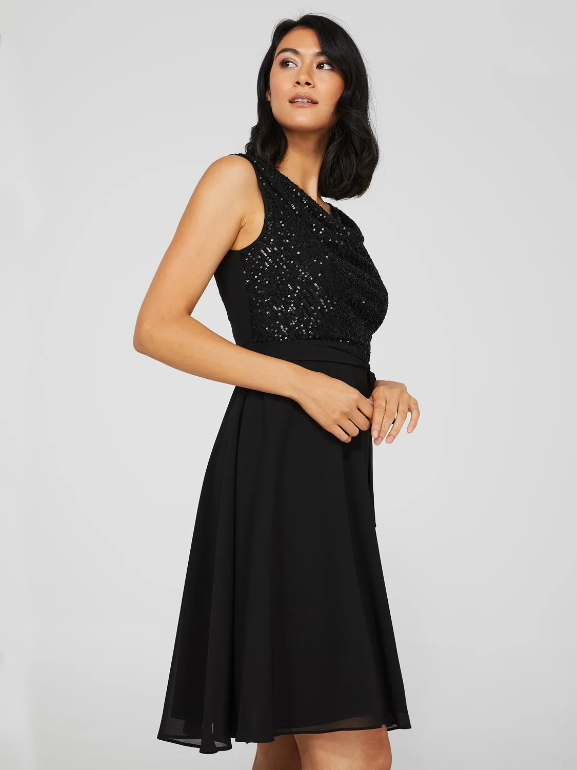 Cowl Neck Sequin Fit & Flare Dress