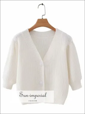 Cream Short Sleeve Vintage Cardigan Sweater Women Big Buttons Cropped Cardigan