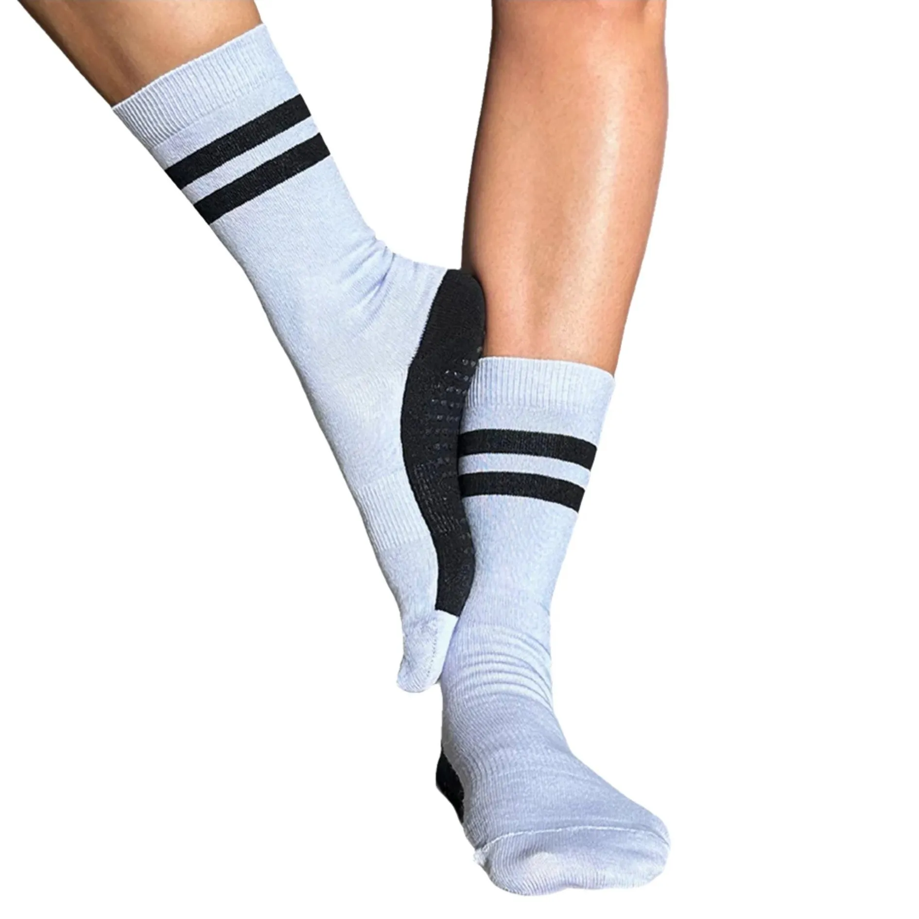 Crew Closed Toe Grip Socks - Striped Black & Lilac (Barre / Pilates)