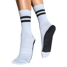 Crew Closed Toe Grip Socks - Striped Black & Lilac (Barre / Pilates)