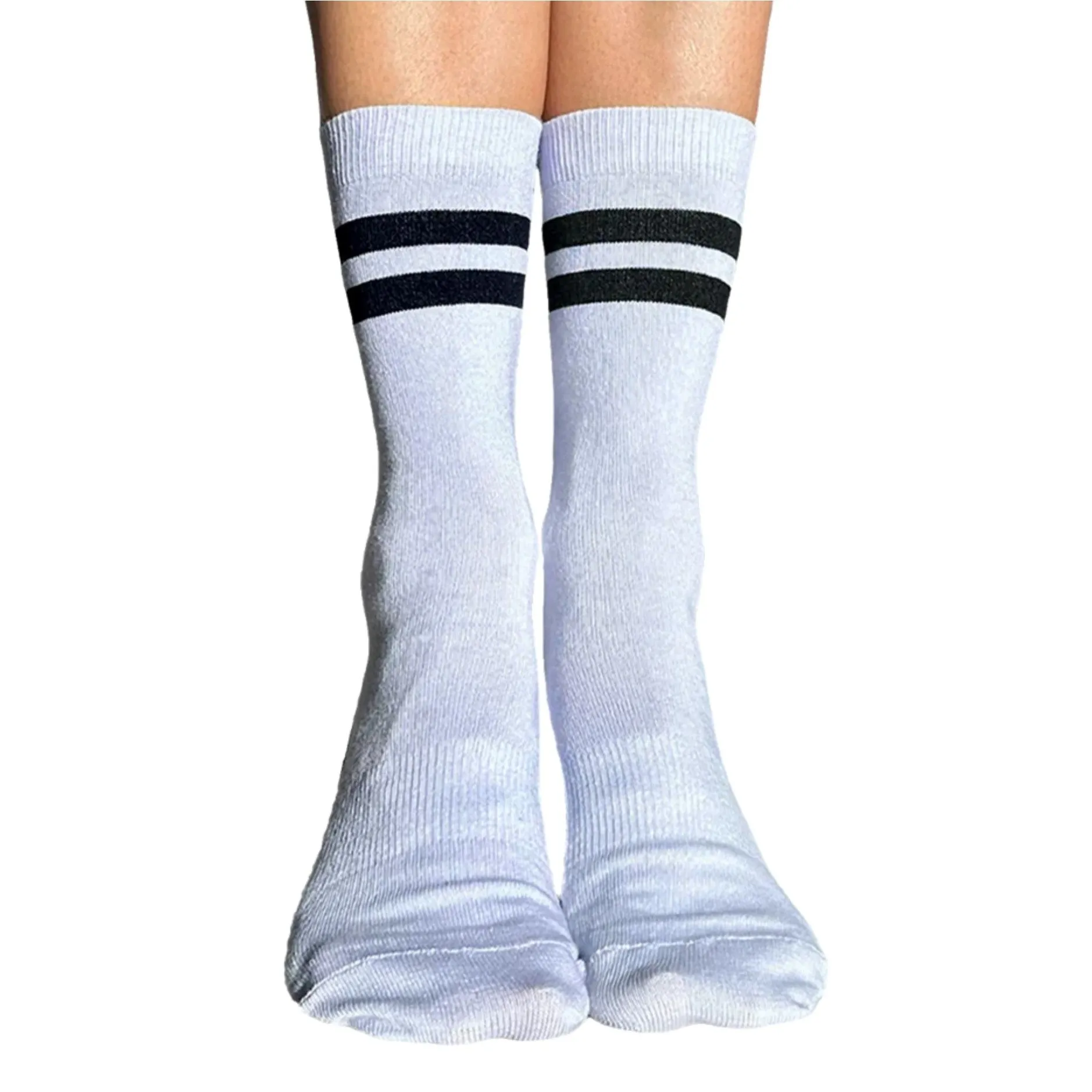 Crew Closed Toe Grip Socks - Striped Black & Lilac (Barre / Pilates)