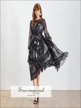 Dana Dress - Vintage Floral Asymmetrical O Neck Midi Sheer Ruffle Long Sleeve Dress