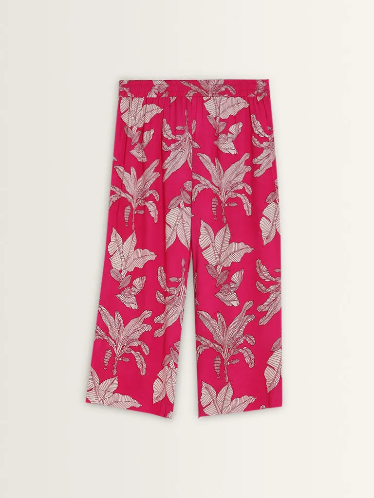 Diza Magenta Foliage Printed High-Rise Cotton Ethnic Pants