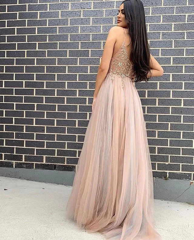 Elegant A-line Applique Split Sleeveless Tulle Long Prom Dresses, PDS0129