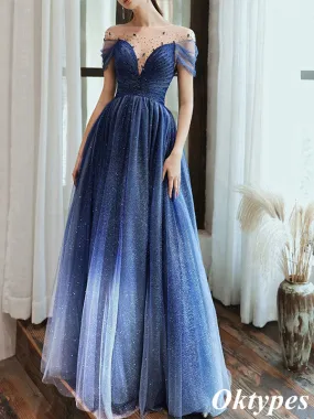 Elegant Blue Beading Illusion A-Line Long  Evening Dresses, PDS1046