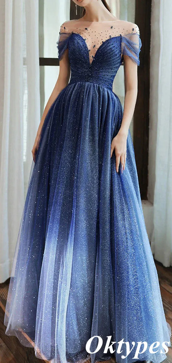 Elegant Blue Beading Illusion A-Line Long  Evening Dresses, PDS1046