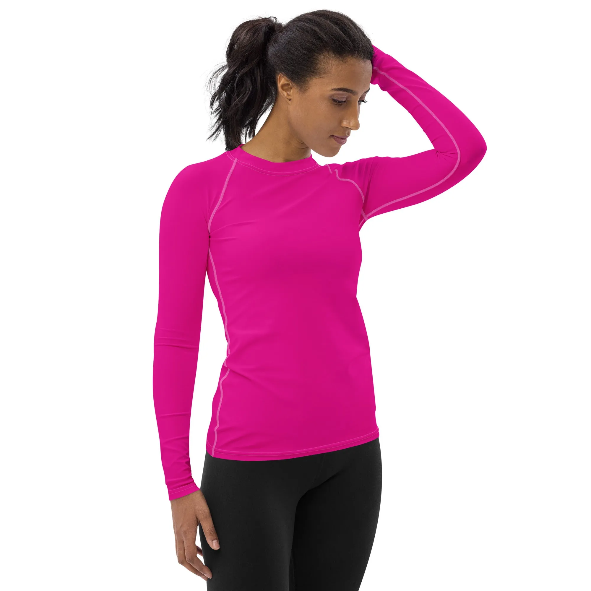 Elegant Essentials: Long Sleeve Solid Color Rash Guard for Women - Hollywood Cerise