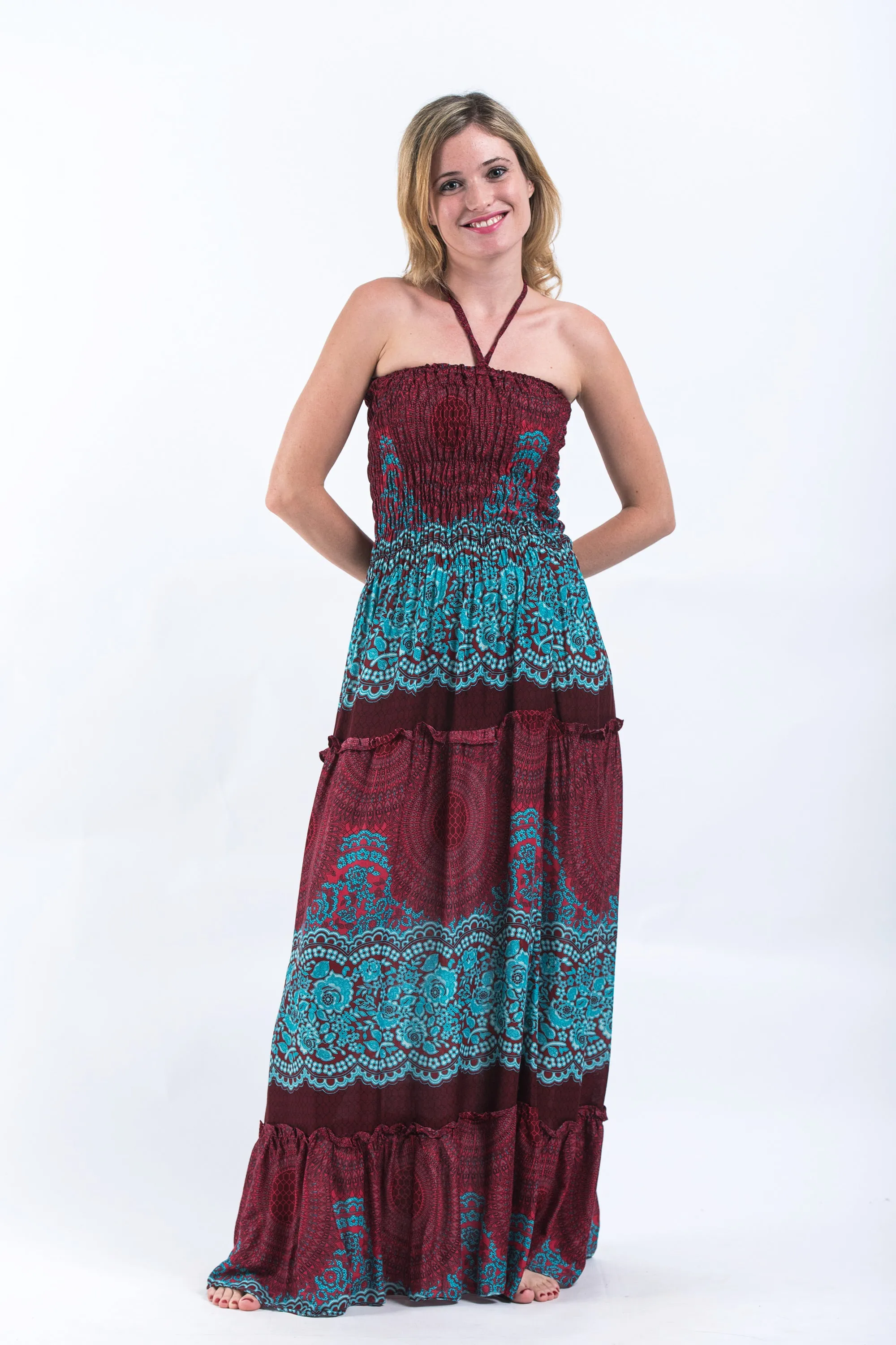 Geometric Mandalas Smocked Bandeau Maxi Dress in Red