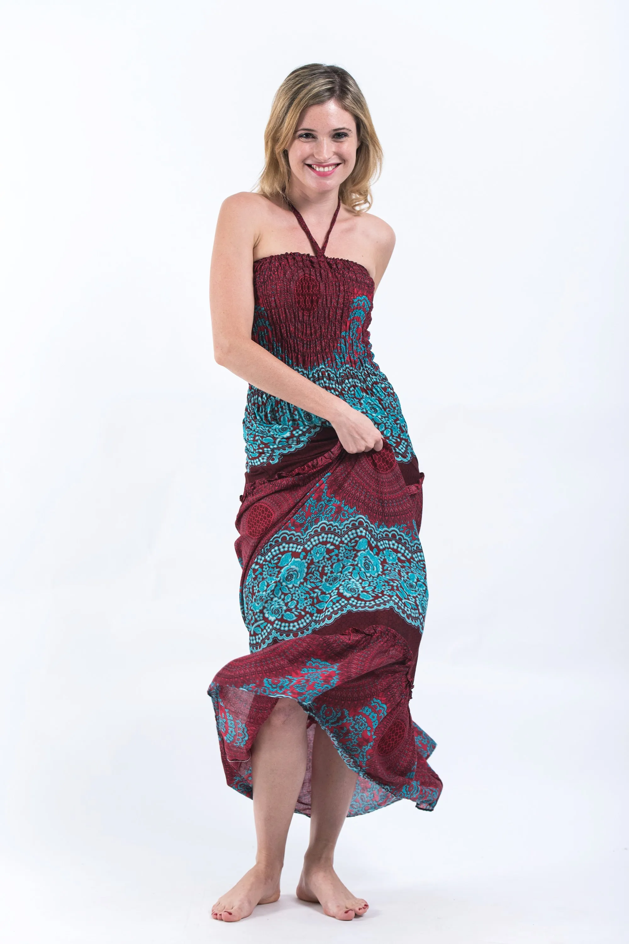 Geometric Mandalas Smocked Bandeau Maxi Dress in Red