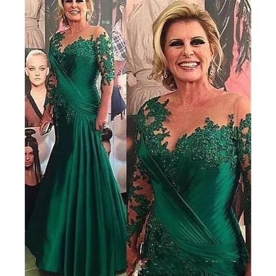 green lace applique evening dresses long sleeve mermaid beaded mermaid evening gown mother of the bride dresses