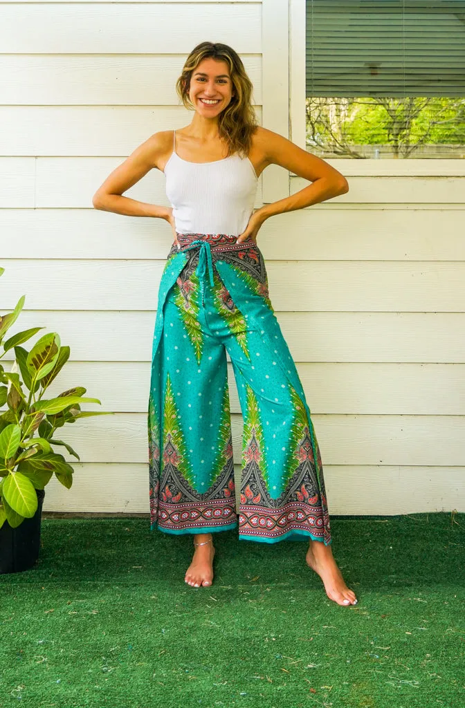 Green Peacock Palazzo Wrap Pants